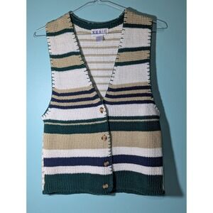 Kenji Women's Knit Sweater Vest button Up Size Medium Green Blue & White Stripes